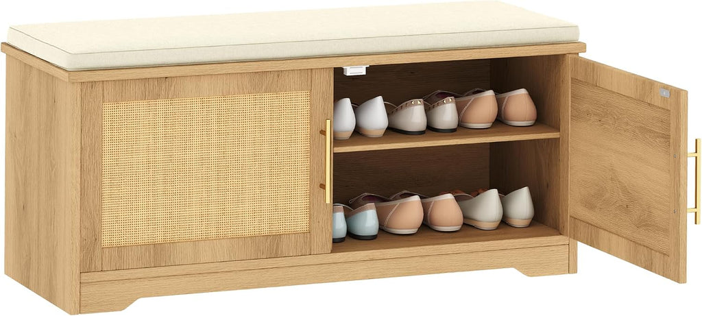 Rattan Shoe Storage Bench with Cushion, 39.4" Wide Entryway Bench with Adjustable Shelf, Hidden Shoe Organizer