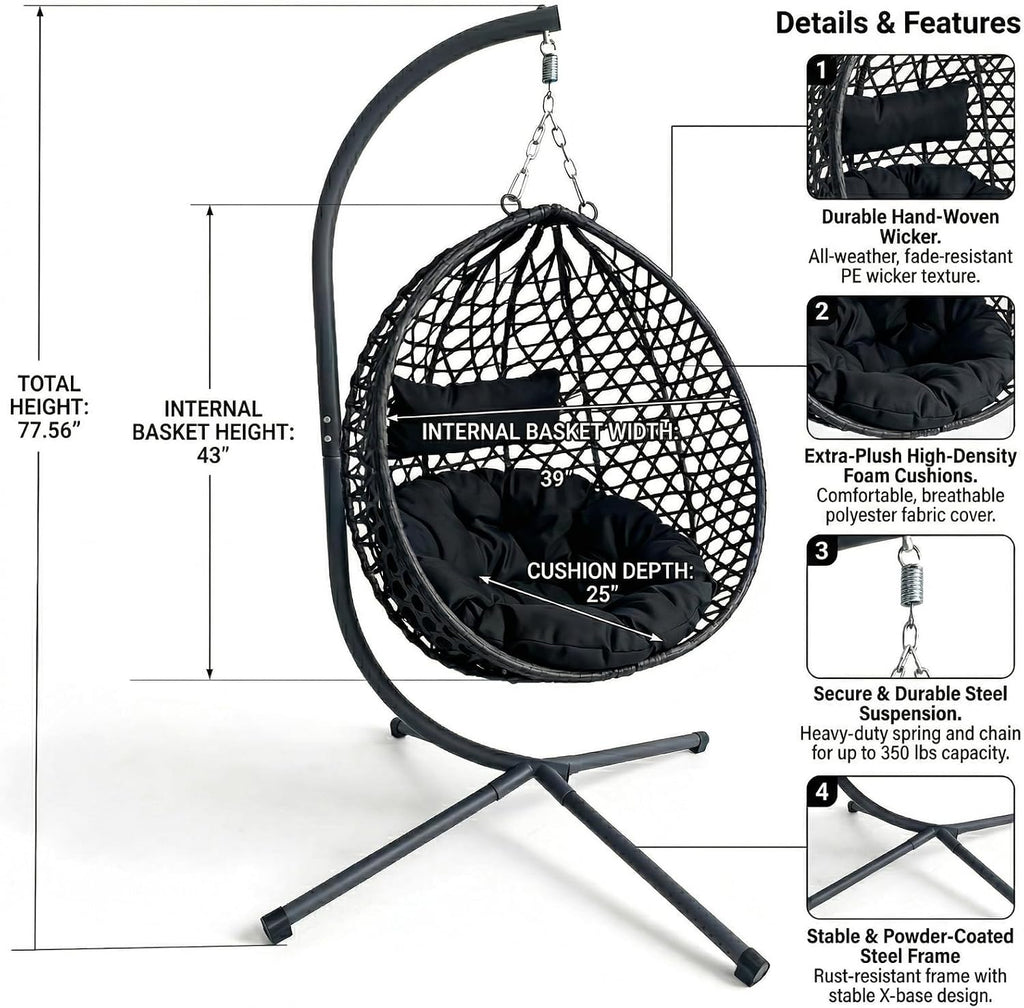 PE Rattan Hanging Egg Chair with Stand, Outdoor Folding Hammock Swing Chair Balcony Backyard Bedroom, Heavy Duty