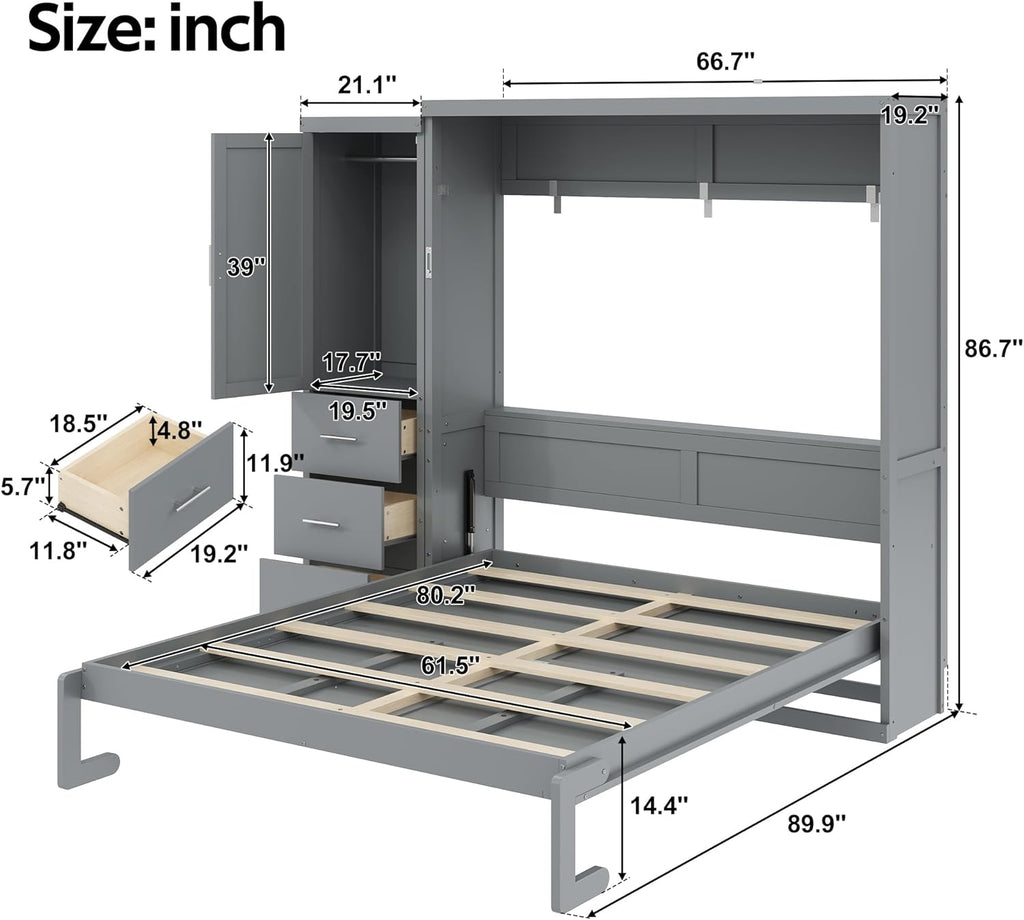 Queen Murphy Bed with Storage Wardrobe and Drawers,Solid Wood Farmhouse Murphy Wall Bed Cabinet with Drawers for Bedroom Office Guest Room,Foldable (Gray,Queen)