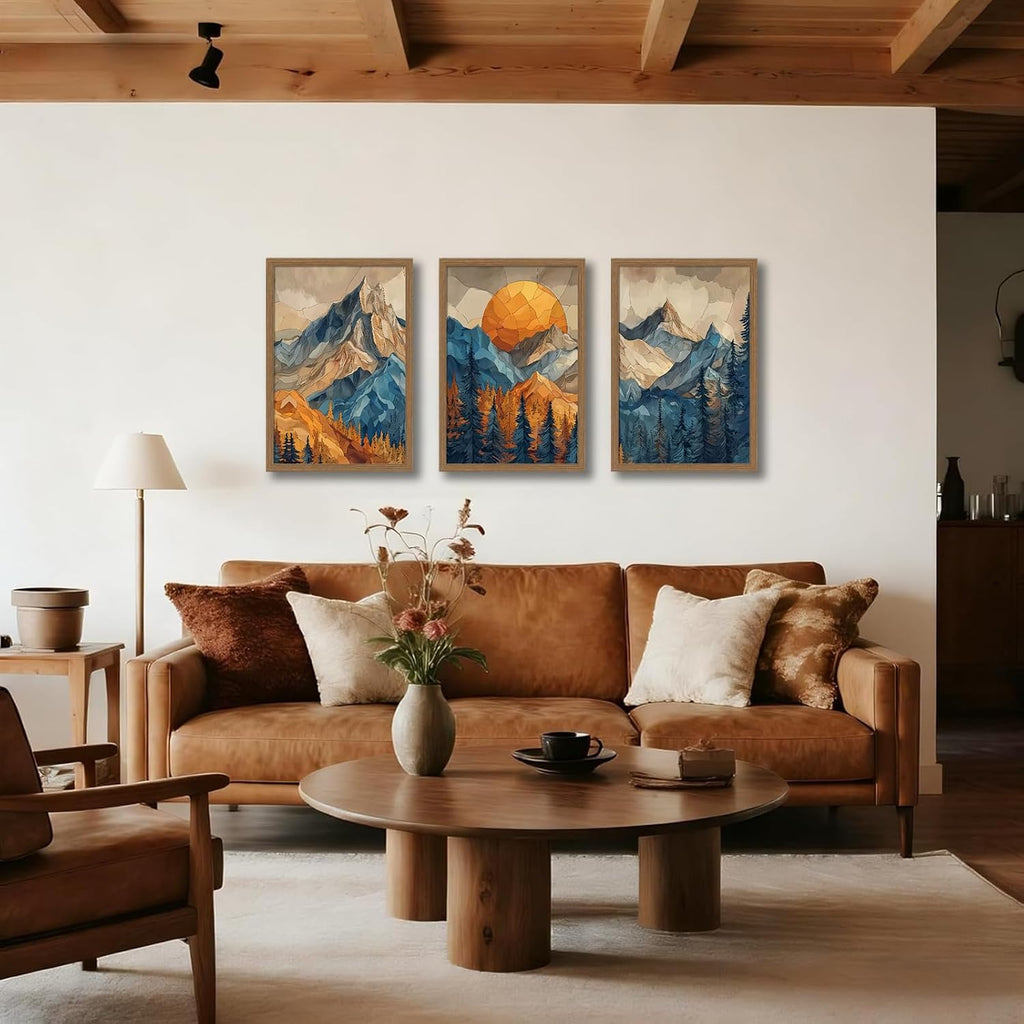 Mountain Wall Art Set of 3 Framed, Abstract Landscape Canvas Prints with Sunset Forest, Boho Nordic Nature Wall Decor