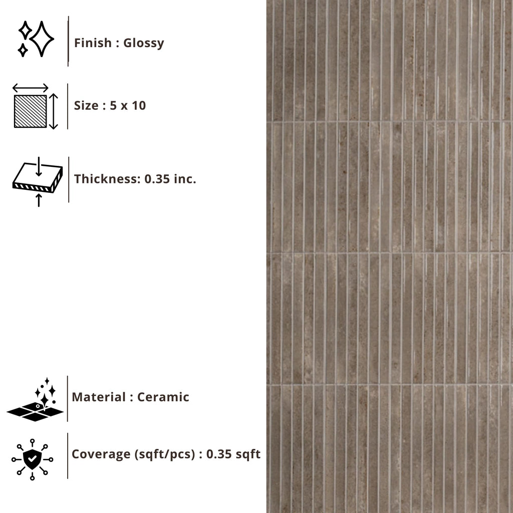 Stone Greige Glossy Ribbed Ceramic Wall Tile (1 Piece)