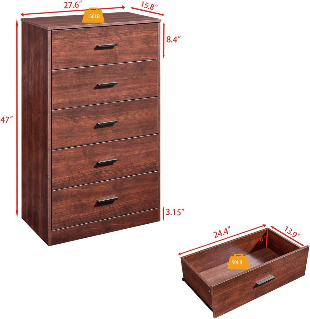 Dark Cherry Dresser , 5 Drawer Dressers & Chests of Drawers, Modern Wood Dresser, 47 Inches Tall Chest of Drawers