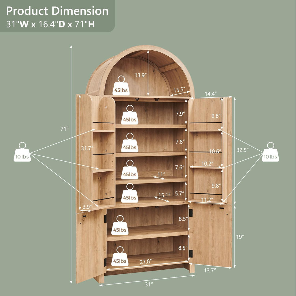 71" Tall Arched Kitchen Pantry, Modern Fluted Wood Storage Cabinet with Doors, 3 Adjustable Shelves, 6 Door Shelves