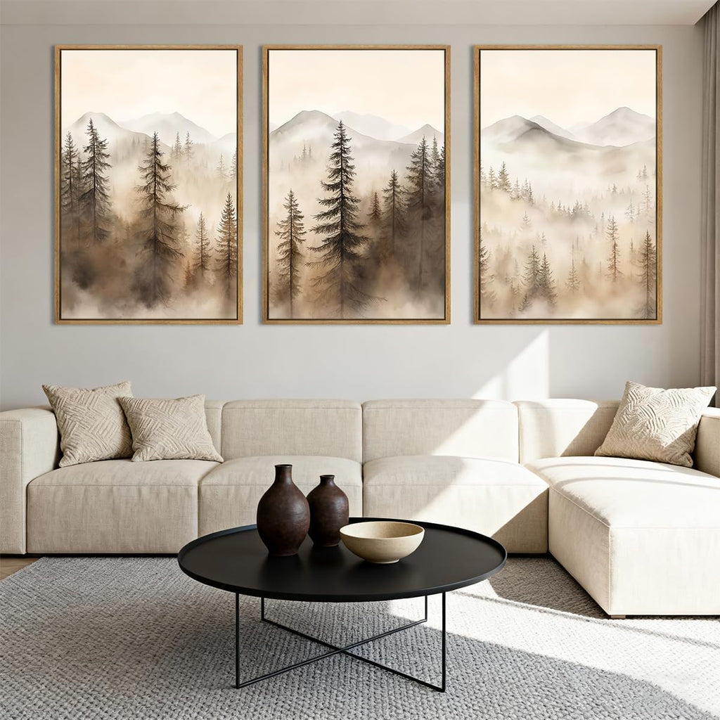 Large Mountain Forest Framed Canvas Wall Art 16x24 Inch Set of 3 Abstract Misty Woodland Painting Modern Farmhouse