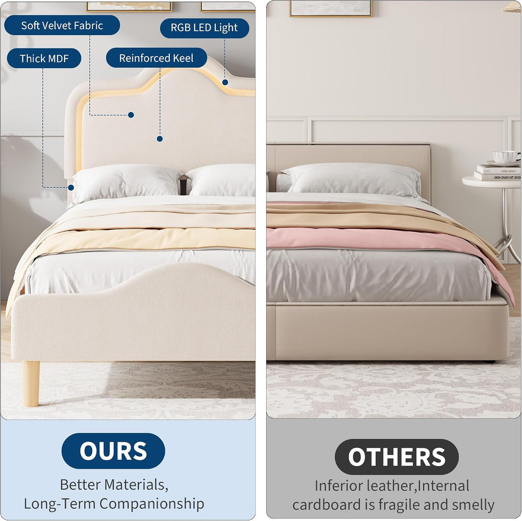 Twin Size Upholstered LED Bed Frame with Adjustable Headboard and Footboard, Velvet Princess Platform Bedframe for