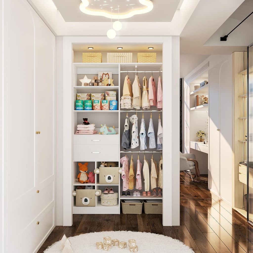5FT Closet Organizer System with Wooden Drawers, 60 Inches Walk In Closet System With 5 Hanging Rods, Can Fit 1.58 to