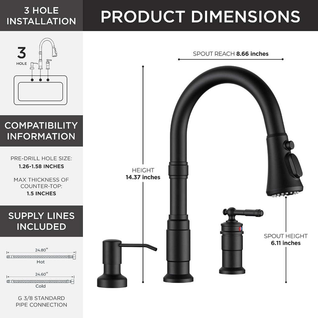 3 Hole Kitchen Faucet with Soap Dispenser, Matte Black