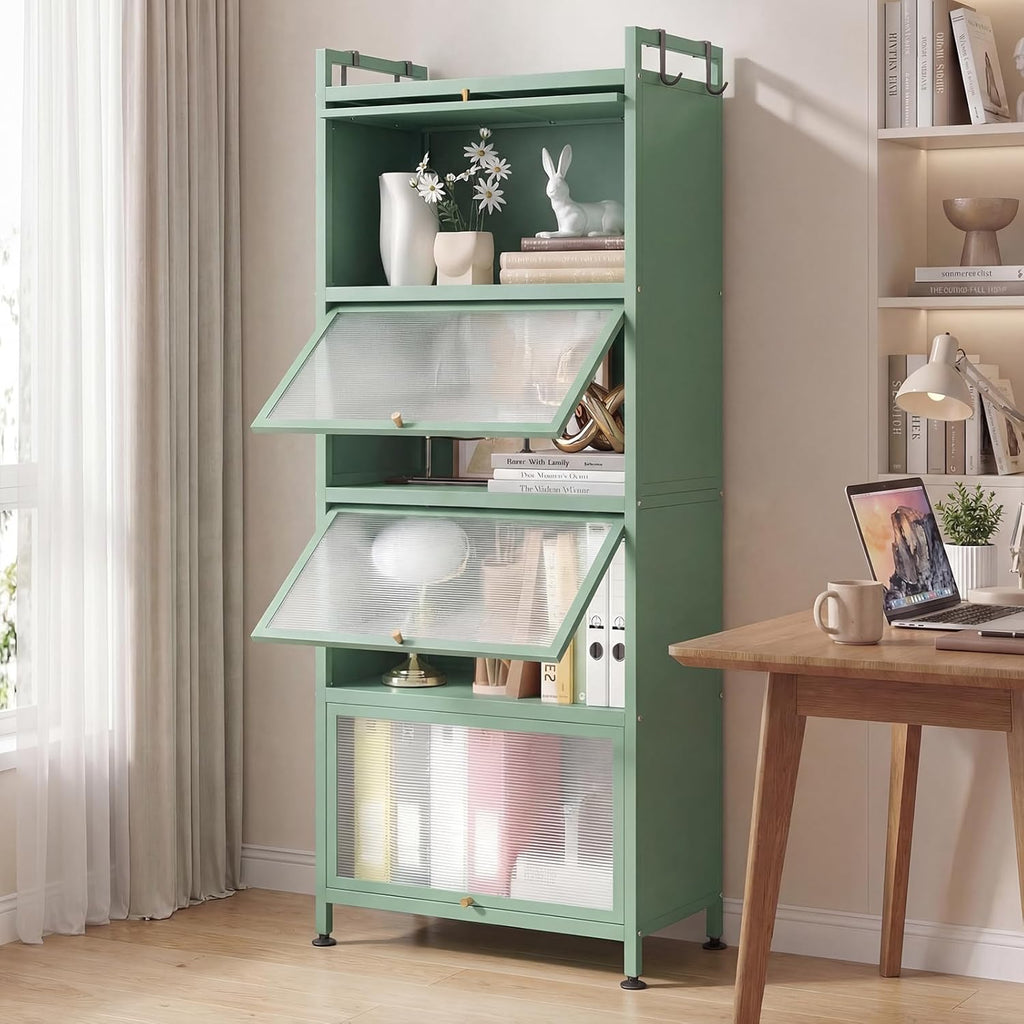 5-Tier Kitchen Storage Cabinet, 4 PC Doors, Rolling Wheels, Green | Mobile Metal Pantry Cabinet with 4 Hooks &