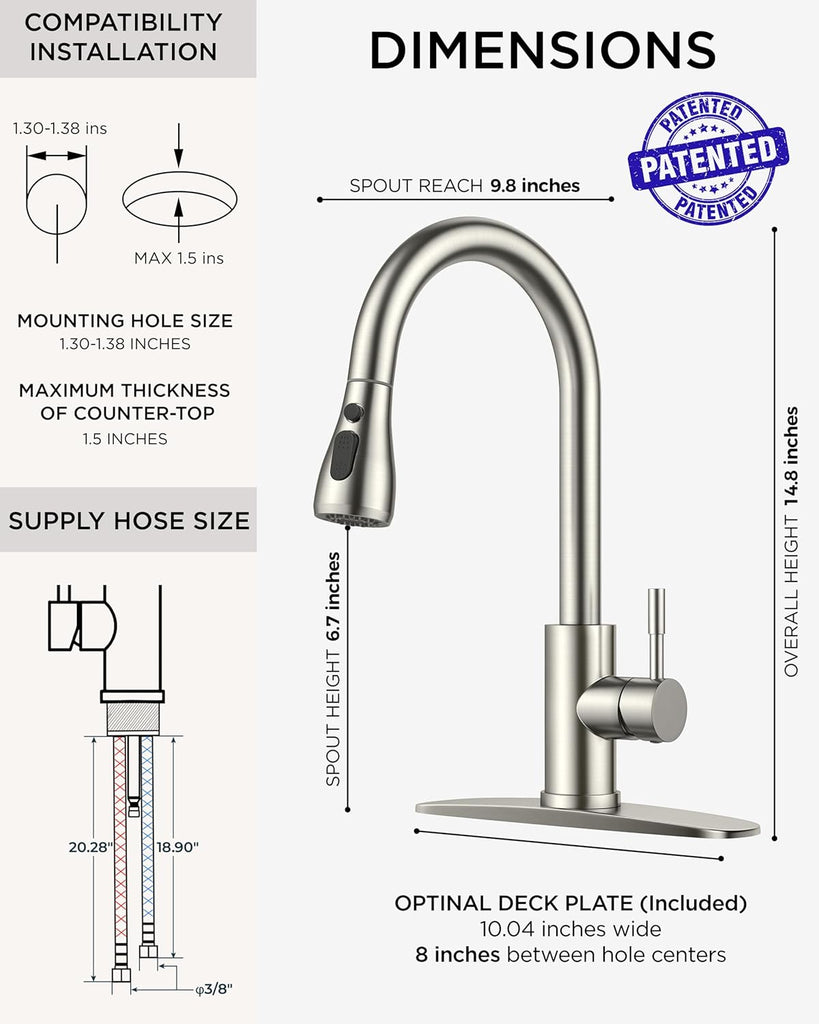 Kitchen Faucets with Pull Down Sprayer, Brushed Nickel High Arc Single Handle Stainless Steel Bar Sink Faucet with Deck Plate for 1 or 3 Hole, Suitable for Farmhouse RV Camper Laundry