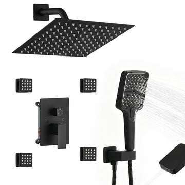 10 Inch Rain Shower Faucet Set with Body Jets, Matte Black