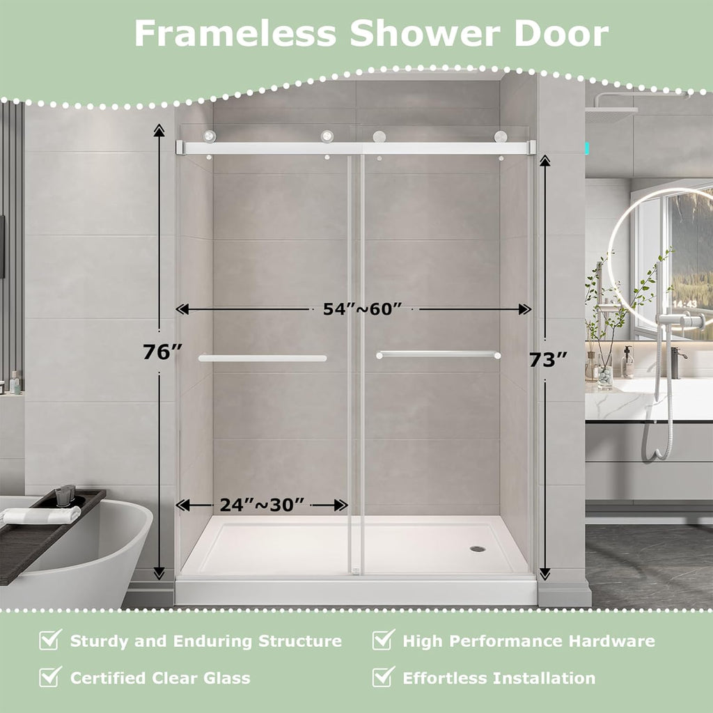 55"-60" W x 76" H Frameless Shower Door, Double Sliding Shower Door, 5/16"(8mm) Clear Tempered Glass