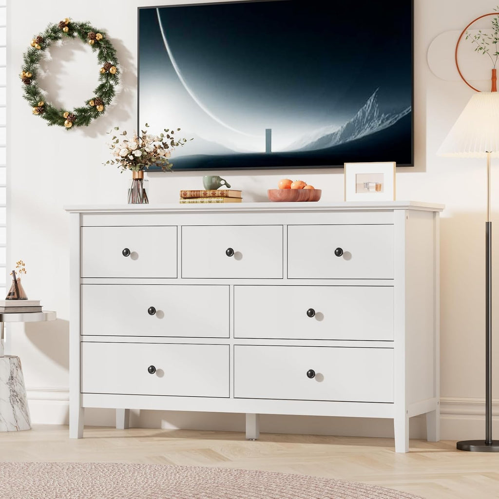 White Dresser , 7 Drawer Dresser with Wide Drawers and Metal Handles, Wood Dressers & Chests of Drawers for Hallyway