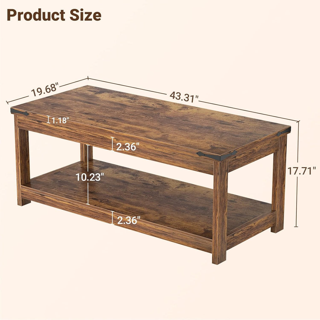 Coffee Table with Storage Shelf, 43.3” Farmhouse Wood Coffee Tables, Modern Center Tea Table, Rustic Brown