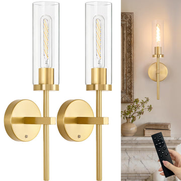 Set of 2 Battery Operated Wall Sconce with 3 Color Temperatures & Remote Control, Gold Rechargeable Dimmable Wall