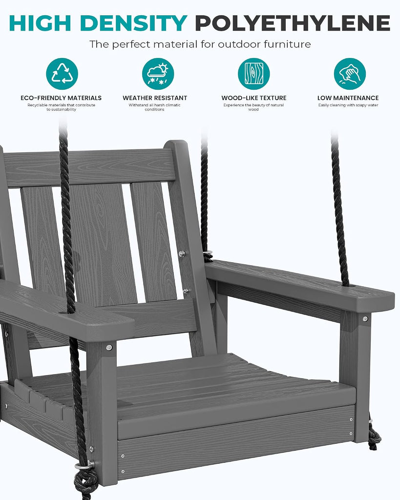 HDPE Single Porch Swing Set of 2, Heavy Duty Single Person Swing Chair with 2 Polypropylene Hanging Ropes, Adirondack
