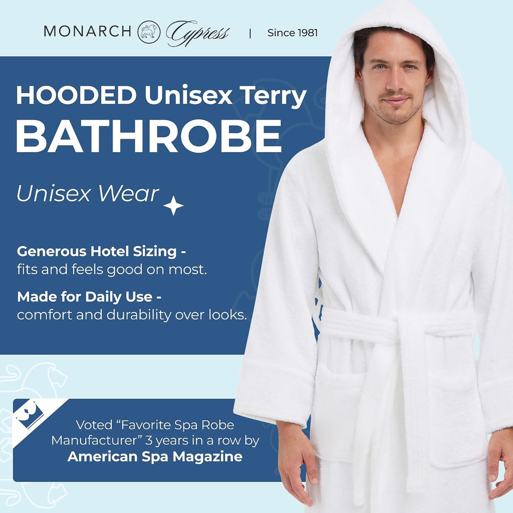 Hooded Terry Shawl Collar Unisex Bathrobe | Thick Terrycloth Fabric, Generously Sized Hotel & Spa Robe with Pockets