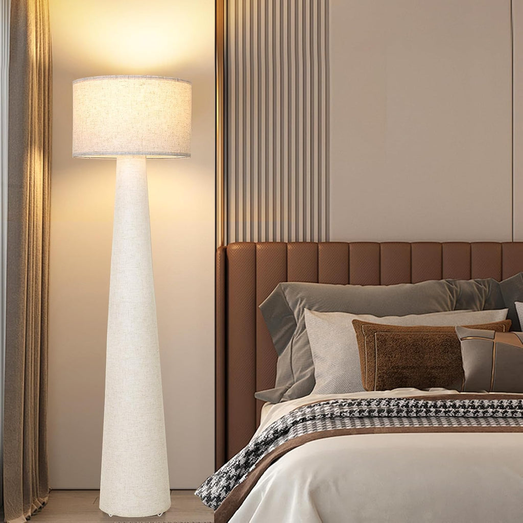 Boho White Floor Lamps, Dimmable Standing Lamp with Remote and Bulb, Mid Century Column Tall Lamp with Fabric Shade
