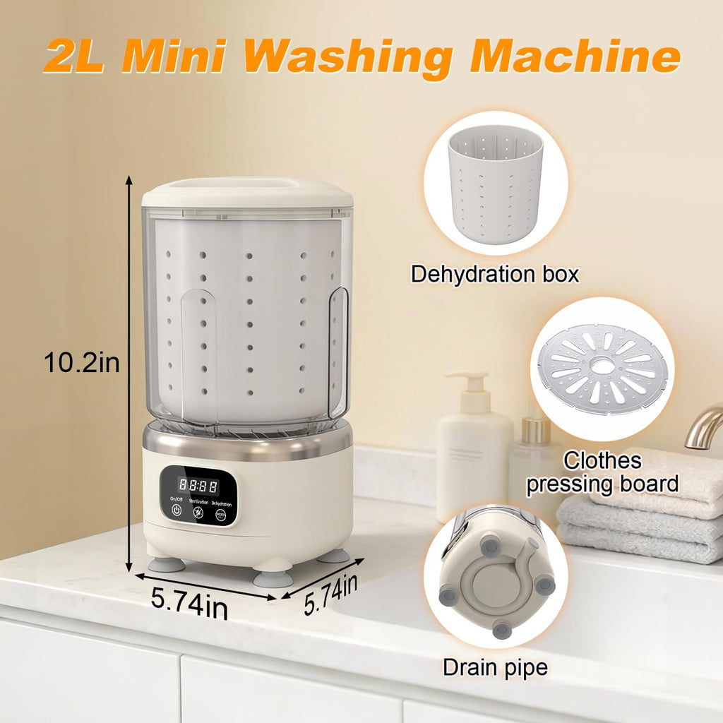 Portable Mini Washing Machine, 2L USB Rechargeable 3000mAh with Spin Dry Basket, 3 Modes Blue Light Cleaning, Compact