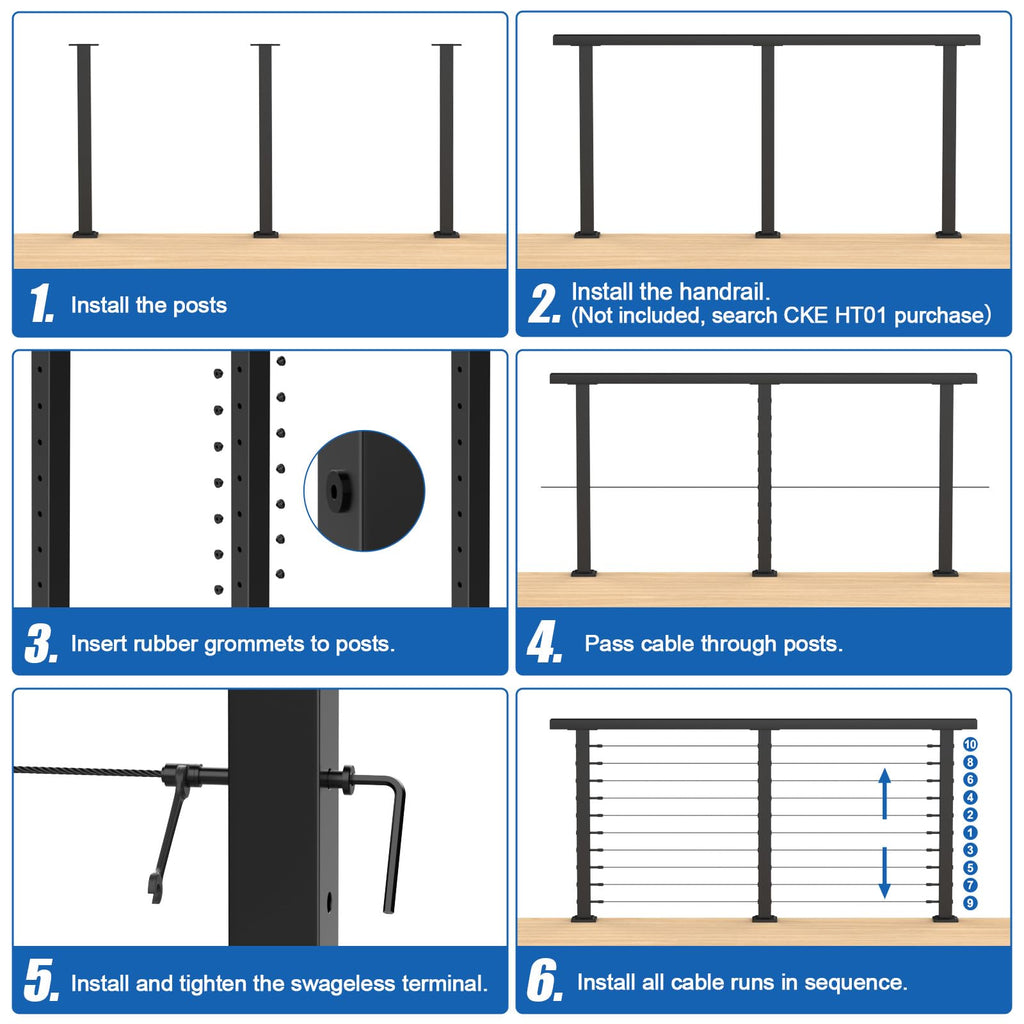 10ft-15ft Complete Set 36" Cable Railing Post Kit, 3Pack Black Level Drilled Line Posts(35"x2"x2"), Swageless Deck