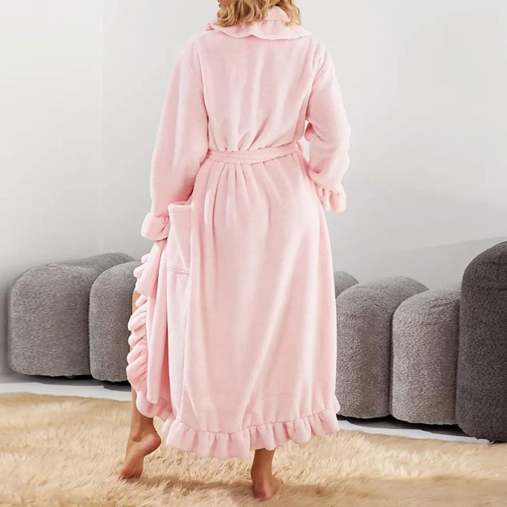 Women Ruffle Long Robes Warm Plush Bathrobes Soft Fleece Kimono Bath Robe Winter Lounge Housecoat with Pocket