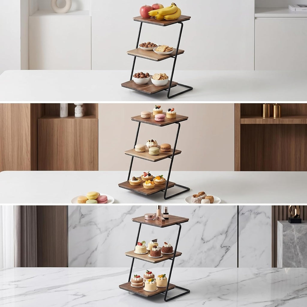 Three Tier Dessert Stand Tiered Serving Stand Cake Stand Display Rack With Sturdy Iron And Wood Shelves compact
