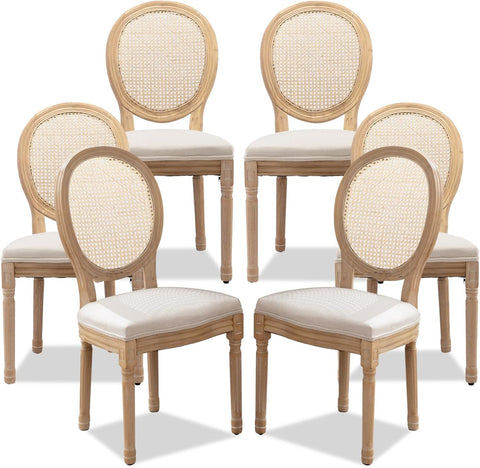 French Country Dining Chairs Set of 6, Farmhouse Rattan Dining Chairs with Round Back, Beige