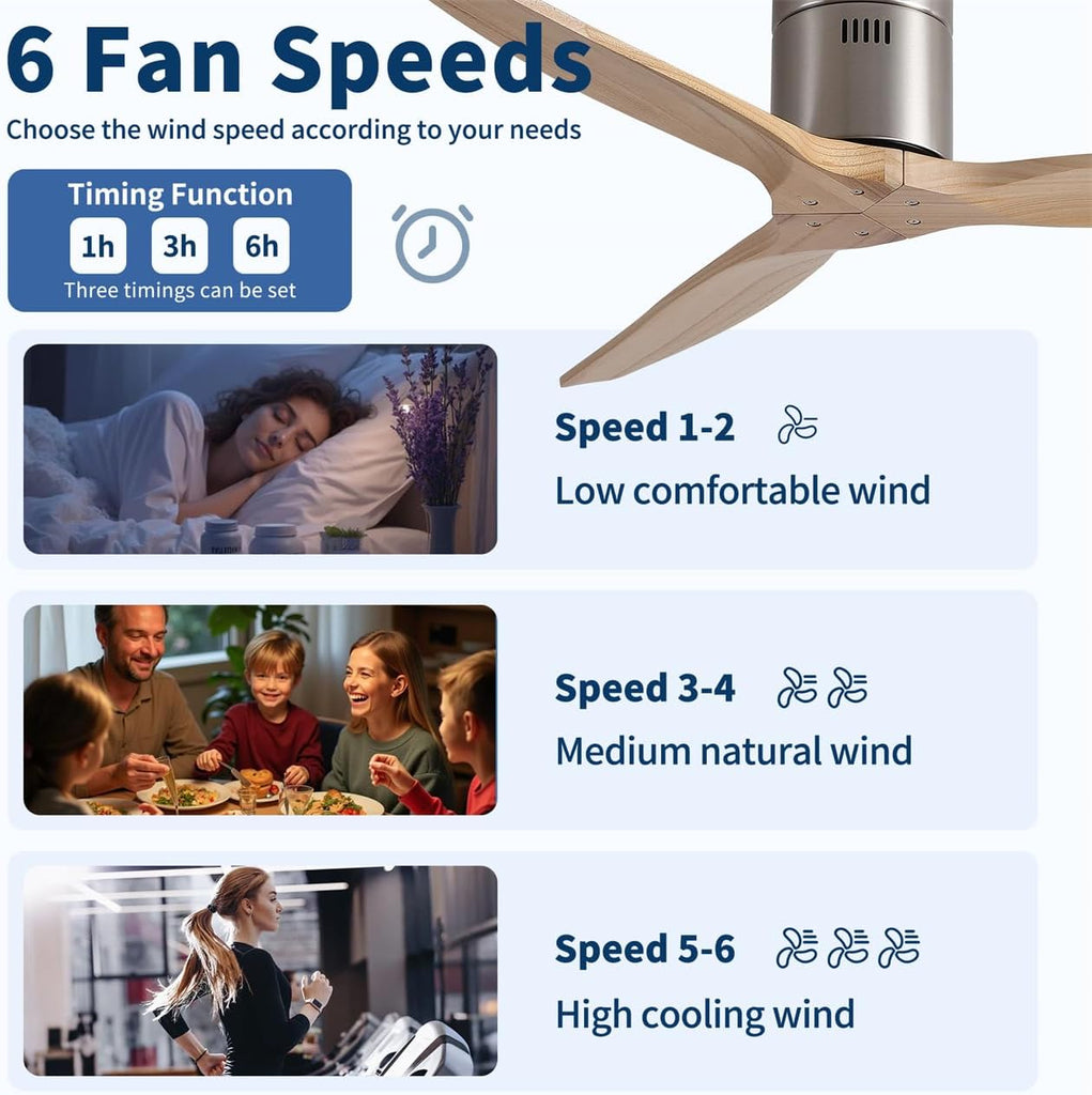 52" American Farmhouse Rustic Elegance Classical Solid Wood Low Profile Flush Mount Ceiling Fan without Light