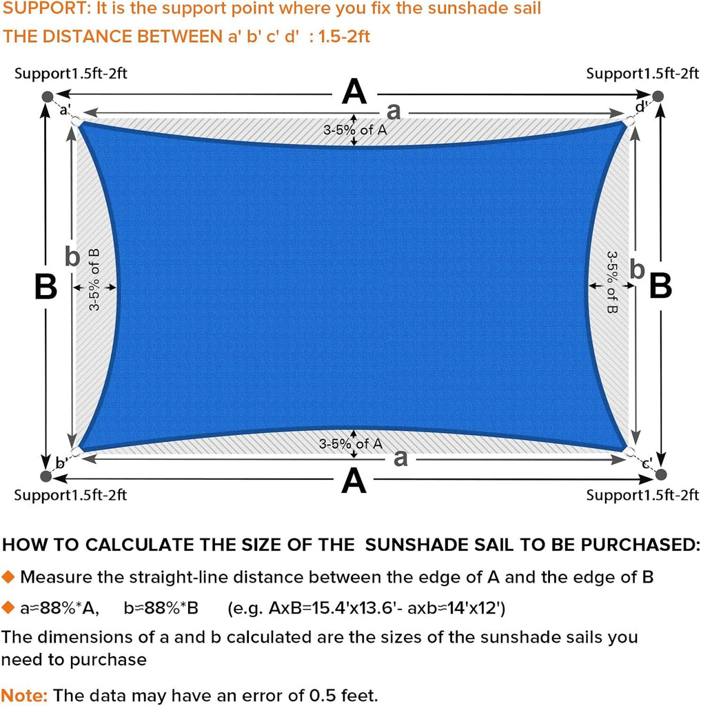 Sun Shade Sail, 12'X20' Blue Rectangle Curved Edged Sun Shade, Commercial Grade 185GSM HDPE UV Permeable Outdoor