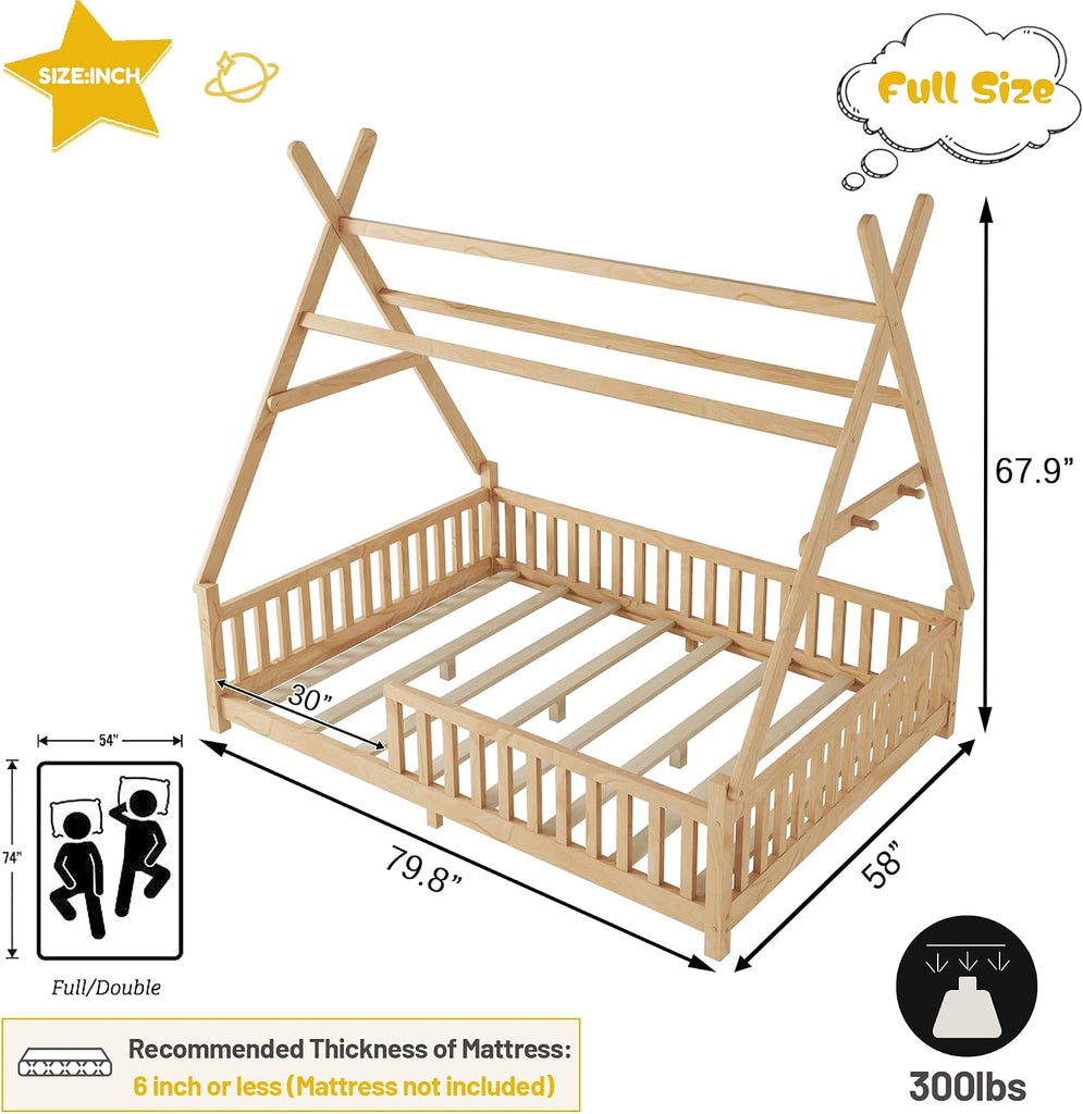 Montessori Bed Full Size with Light and Slats, Wood Teepee Floor Bed for Kids Boys Girls,House Bed Frame with Rails &