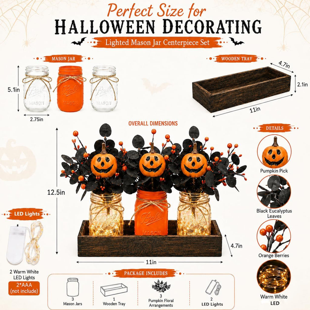 Lighted Halloween Table Centerpiece, Pumpkin Mason Jar Decorations - Set of 9