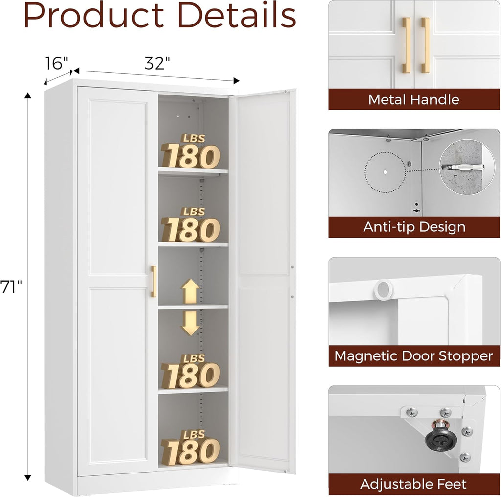 71" Tall Metal Kitchen Pantry Cabinet, Storage Cabinet with Doors | Kitchen Cabinet with 4 Adjustable Shelves, Food