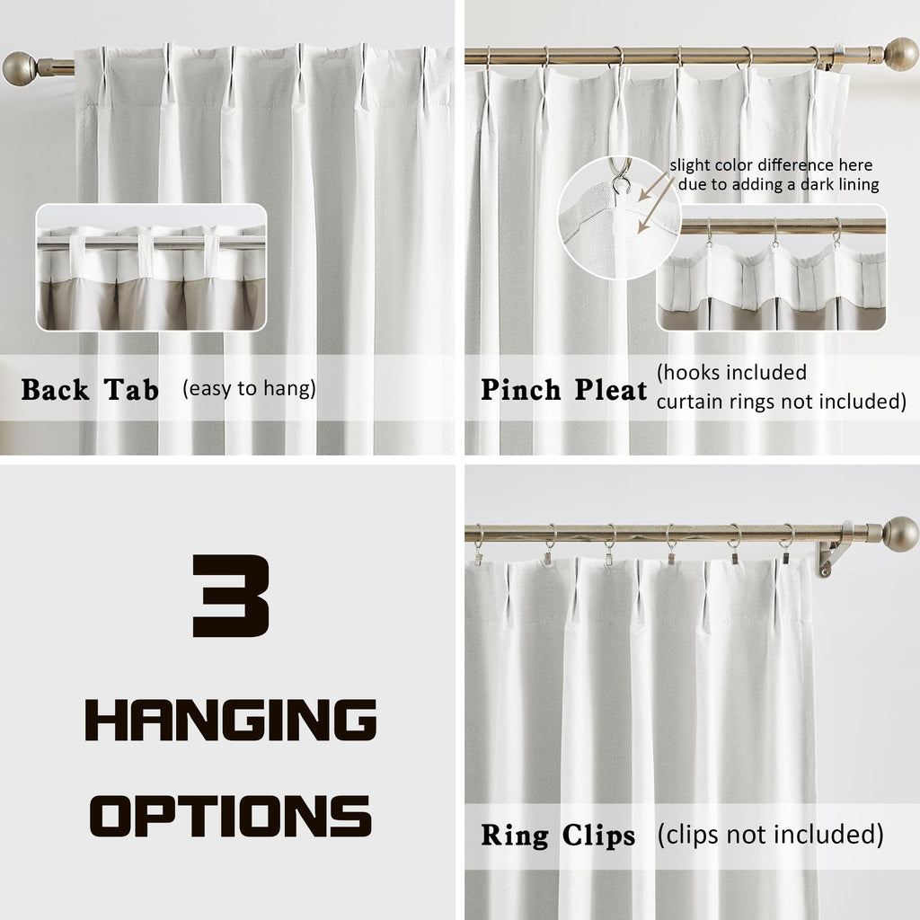 Full Blackout 90 Inch Pinch Pleat Curtains 2 Panels, Greyish White