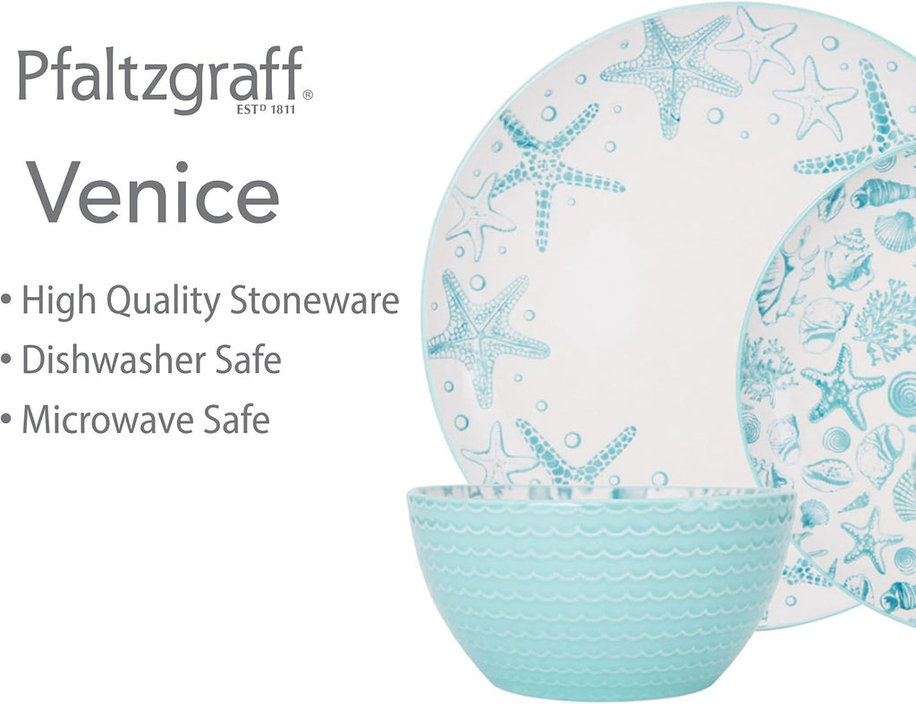 Venice 16-Piece Stoneware Dinnerware Set, Service for 4, Aqua and White Color Combination, Durable and Chip Resistant