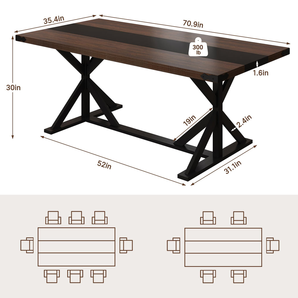 71 Inch Dining Table for 6 People, Rectangular Kitchen Farmhouse Table W/Thickness Waterproof Wood Tabletop, Long