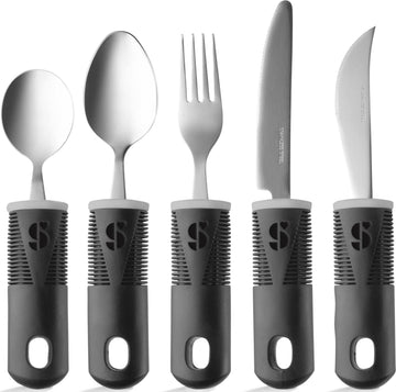 Adaptive Utensils (5-Piece Kitchen Set) Wide, Non-Weighted, Non-Slip Handles for Hand Tremors, Arthritis, Parkinson's