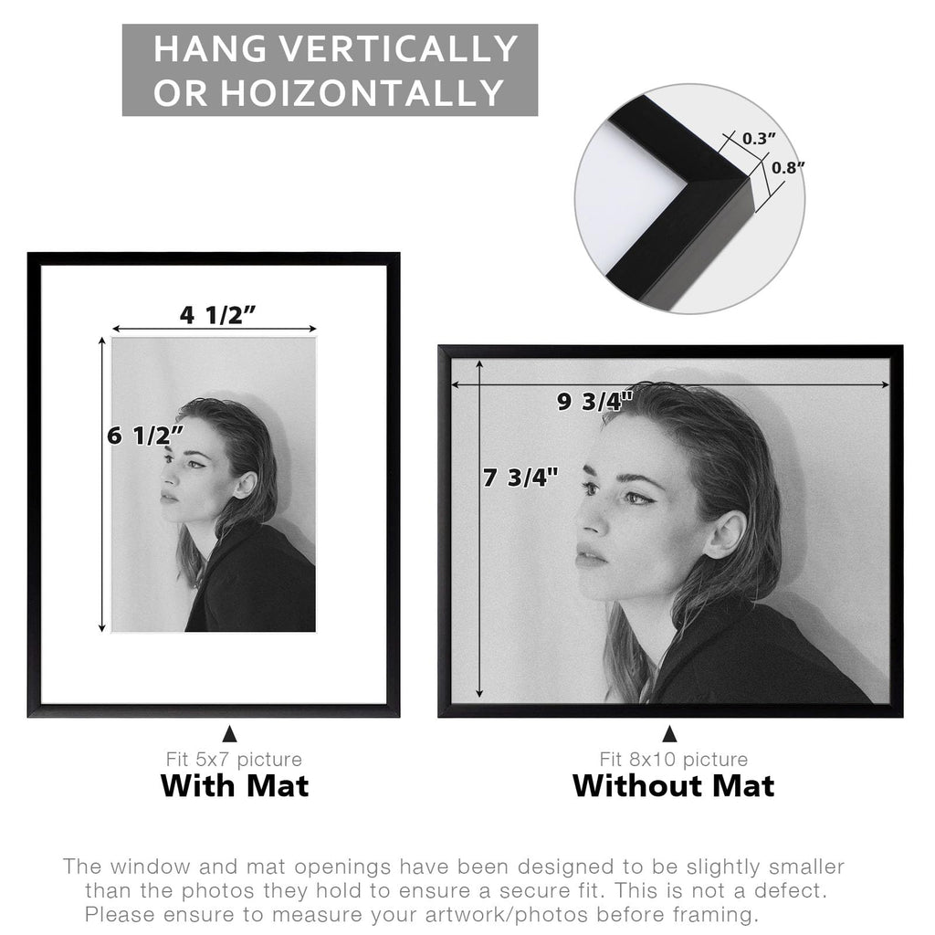 8x10 Black Aluminum Frame with White Mat, Real Glass