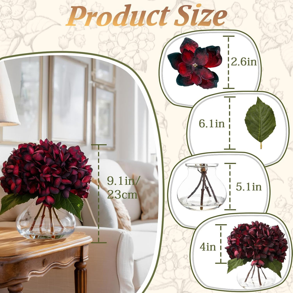 Burgundy Artificial Hydrangea Arrangement in Glass Vase with Faux Water, Lifelike Faux Hydrangea Flowers, Floral