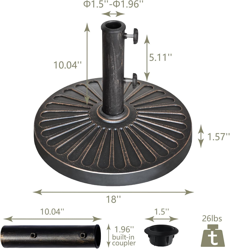 USA 18" Patio Umbrella Base Stand, 26 lbs Heavy Duty Cast Resin Outdoor Table Umbrella Holder for 1.5" - Bronze