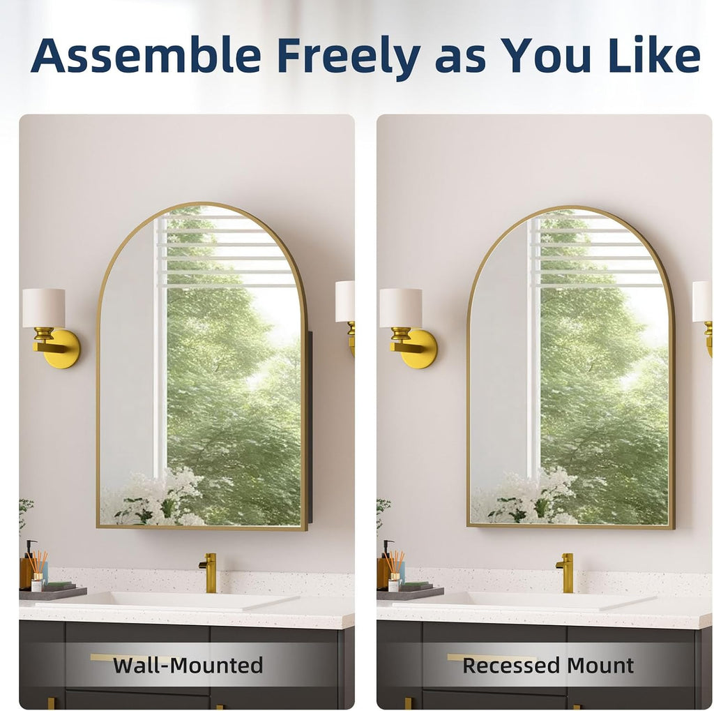 Medicine Cabinets, Gold Arched Medicine Cabinet Recessed or Surface Wall-Mounted,Modern Bathroom Vanity Mirror with