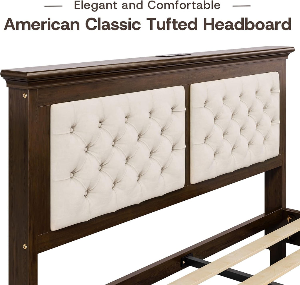 Solid Wood Queen Bed Frame 41.5" Tall Diamond-Tufted Upholstered Headboard, American Classic Flat-Top Bed, Stable