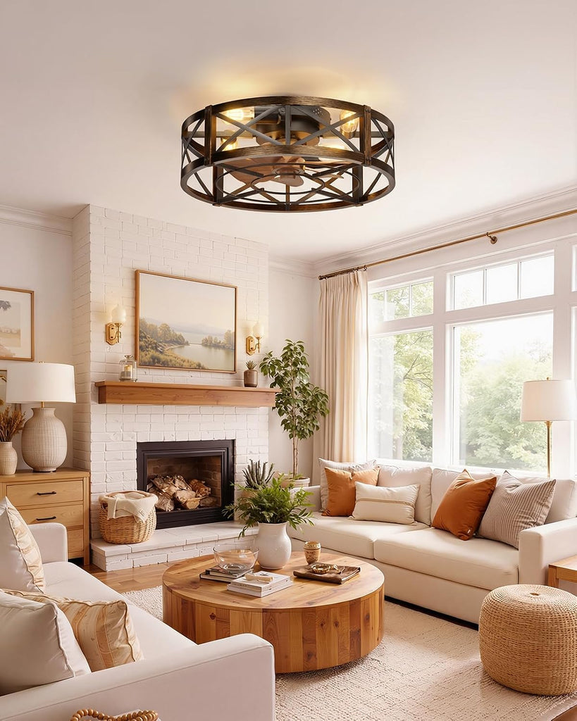 Caged Ceiling Fan with Light and Remote, 20" Low Profile Flush Mount Ceiling Fans with Light, 6 Speed, Timing