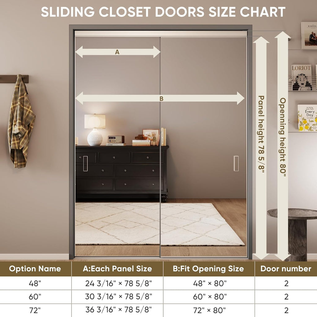 Mirror Closet Doors, 60''x80'' One Side Sliding Closet Door with Hardware Kit, Interior Steel Frame 
