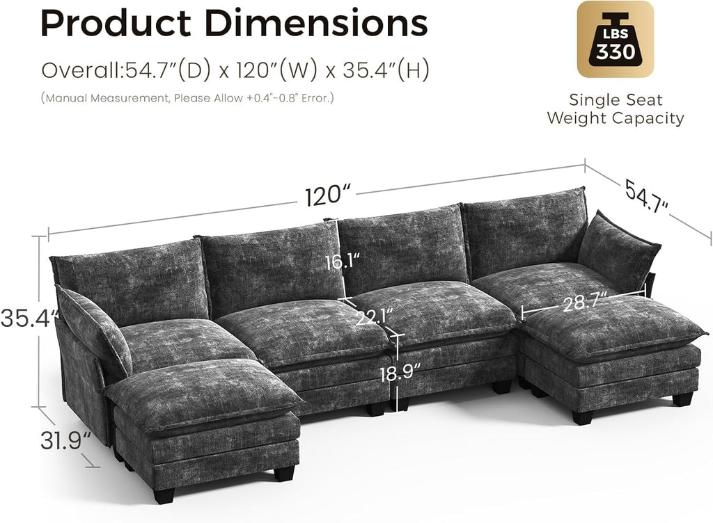 120" Modular Sectional Sofa for Living Room, U-Shaped 6 Seater Convertible L-Shaped Cloud Couch with Ottoman