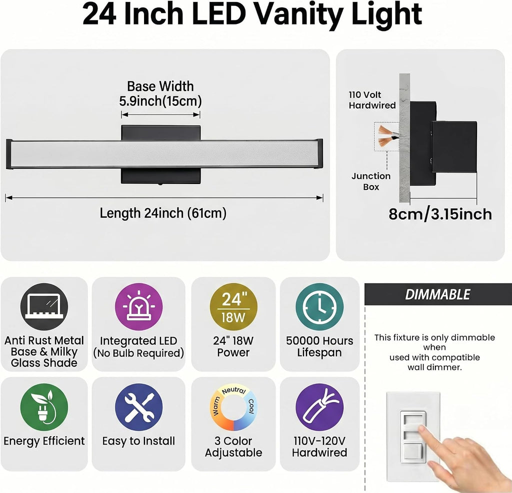 24" Modern LED Bathroom Light Fixtures, Matte Black 3CCT Dimmable Bathroom Vanity Light Over Mirror, Bathroom Vanity