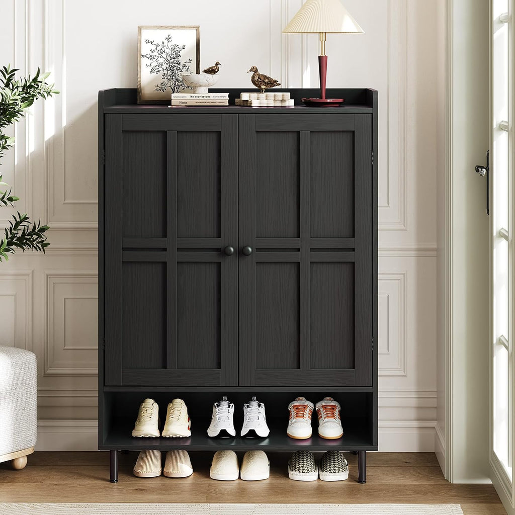 Black 7+1 Tier Farmhouse Shoe Storage Cabinet - 45" Tall Entryway Organizer with Cross Molding Doors, 3 Adjustable