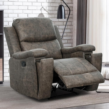 Grey Recliner Chair, Single Overstuffed Sofa Recliners, Breathable Faux Leather Manual Reclining Chairs with Hidden