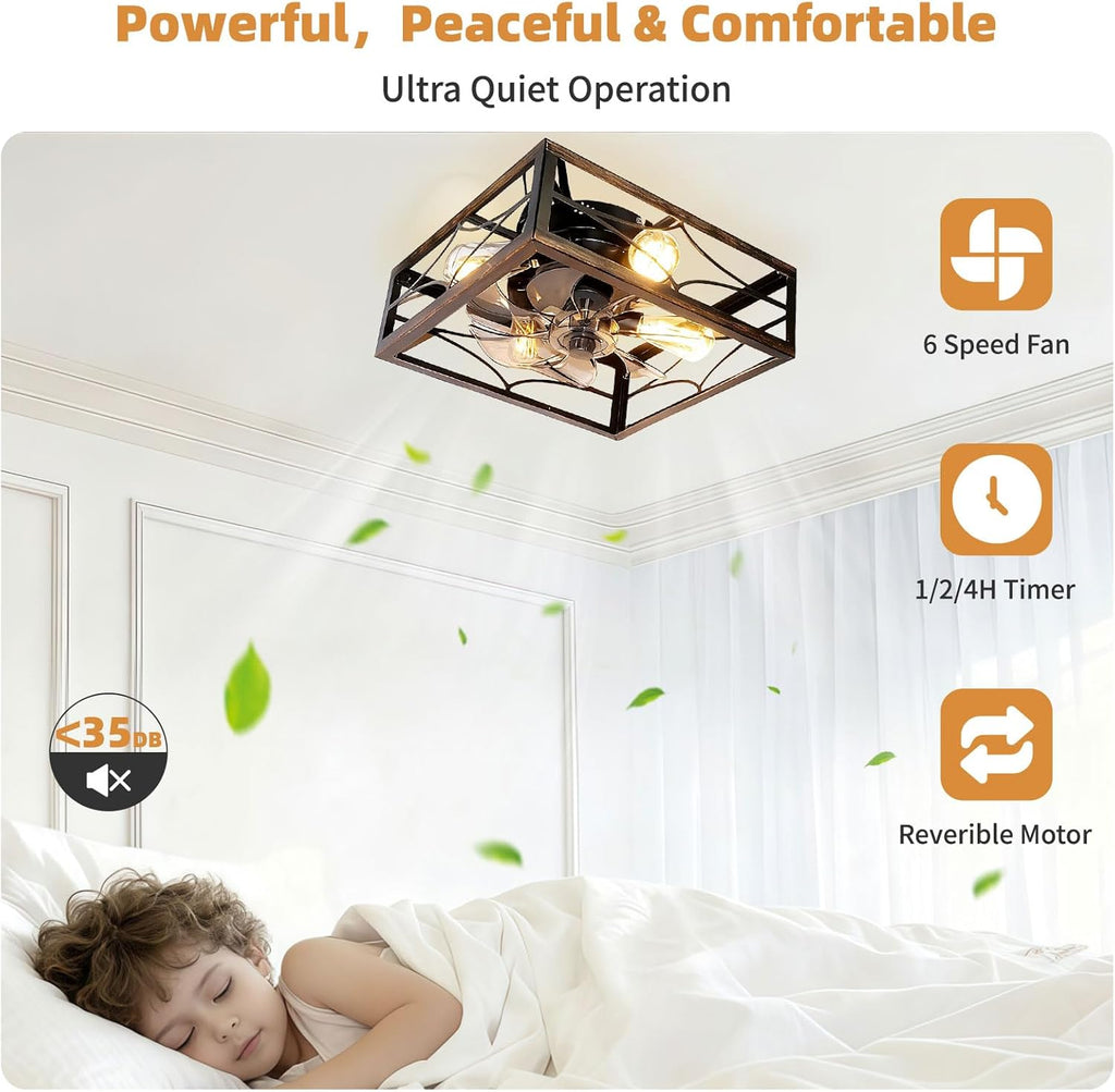 Caged Ceiling Fan with Light and Remote 16'' Rustic Square Flush Mount Ceiling Fan Small Farmhouse Bladeless Ceiling