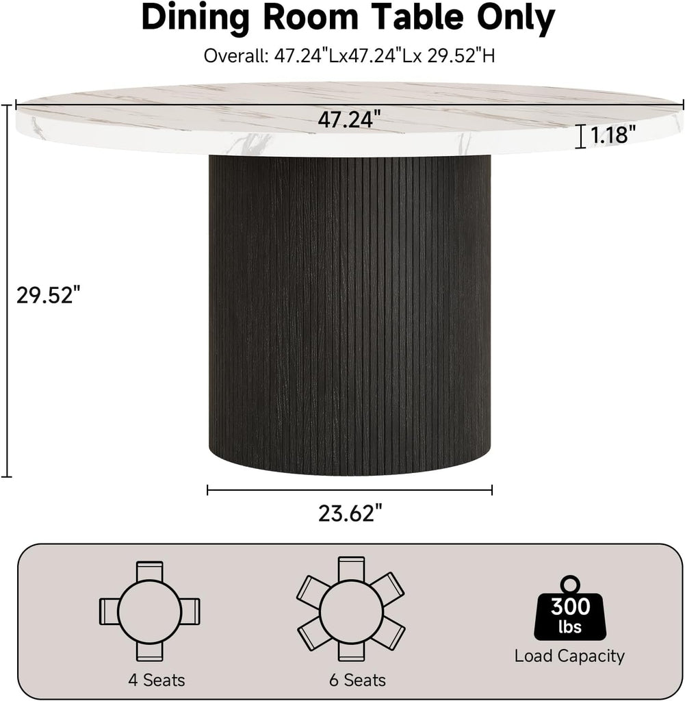 Round Kitchen Dining Table for 4-6 People, 47 inch Mid-Century Circle Dinner Tables, Rustic Wood Base in Fluted