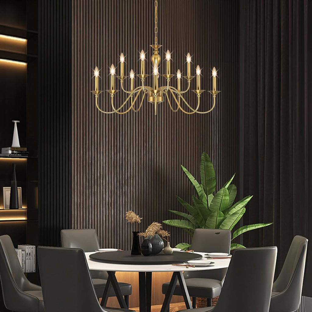 12 Light Gold Farmhouse Chandeliers for Dining Room Light Fixtures Over Table,Industrial Candle Hanging Chandelier for Living Room Foyer Staircase Bedroom Kitchen Island Restaurants