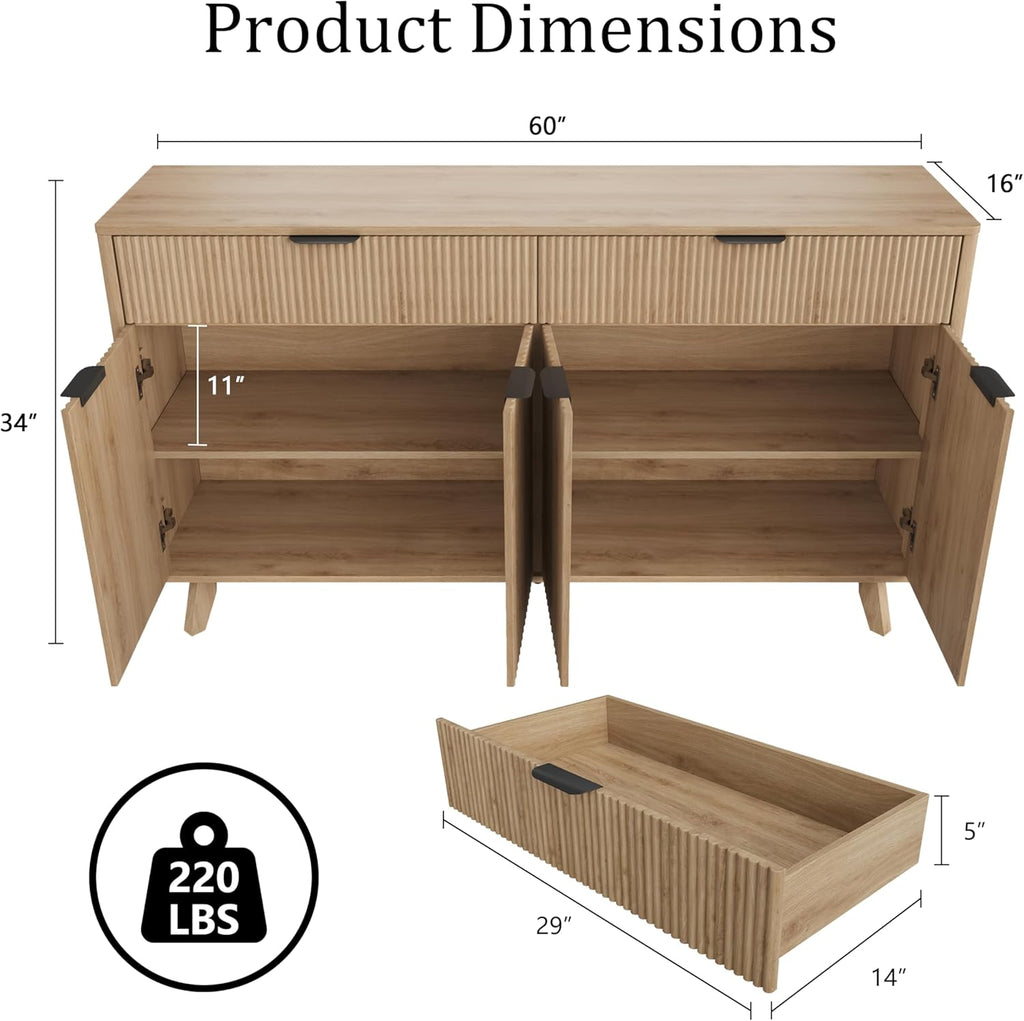 Buffet Sideboard, 60'' Sideboard Cabinet with 2 Drawers and 4 Wave Doors, Sideboard with Adjustable Shelves, Light Oak